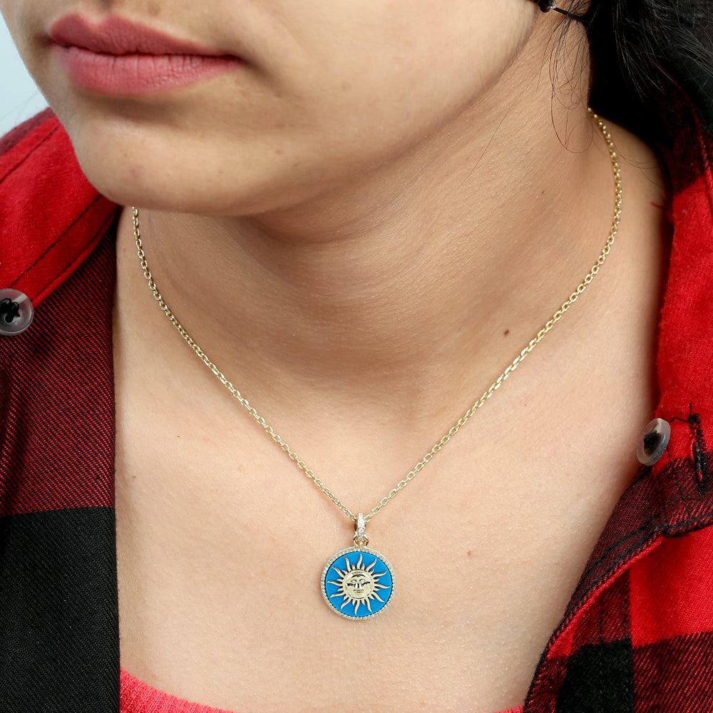 Turquoise Enamel Sun Face Pendant in 14K Yellow Gold with Diamond Halo