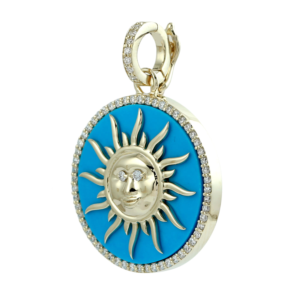 Turquoise Enamel Sun Face Pendant in 14K Yellow Gold with Diamond Halo