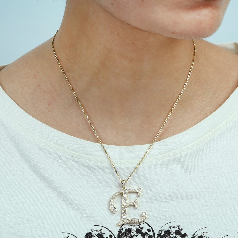 14K Yellow Gold Micro Pave Diamond "E" Initial Alphabet Pendant