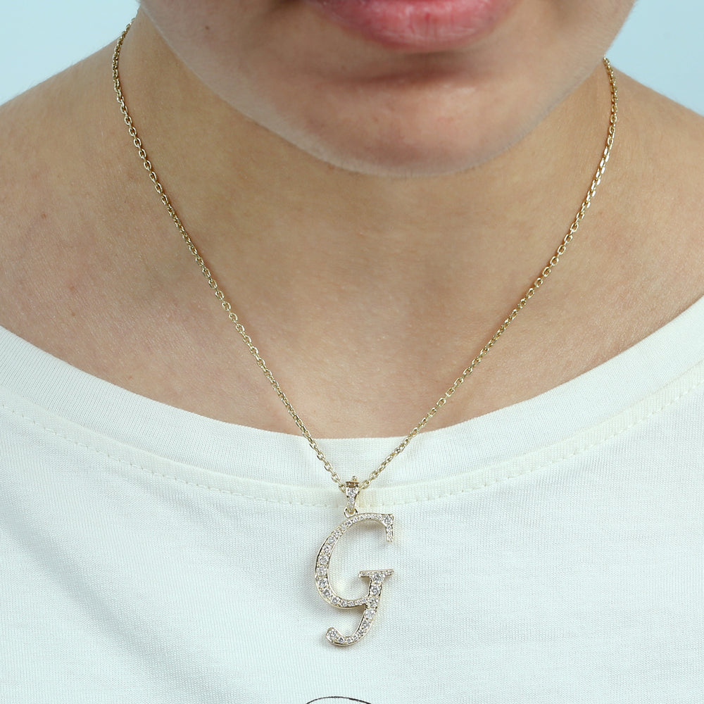 14K Yellow Gold Micro Pave Diamond "G" Initial Alphabet Pendant