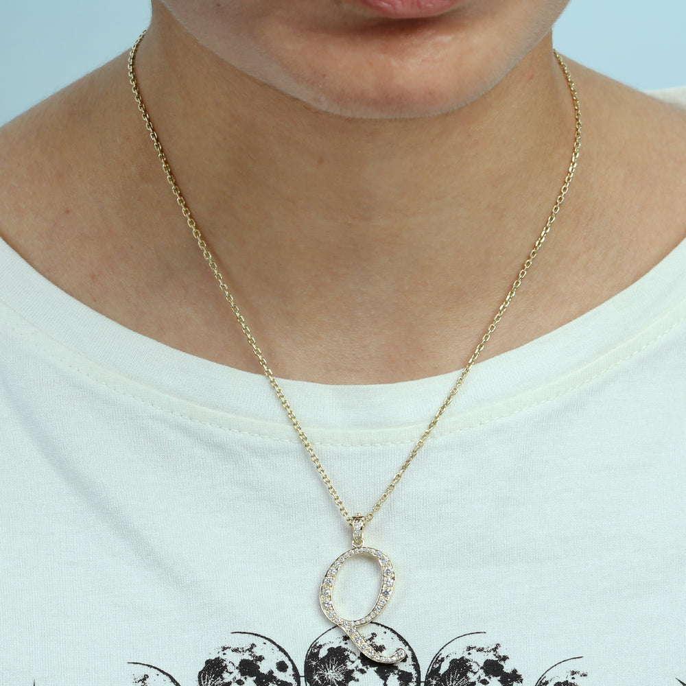 14K Yellow Gold Micro Pave Diamond "Q" Initial Alphabet Pendant