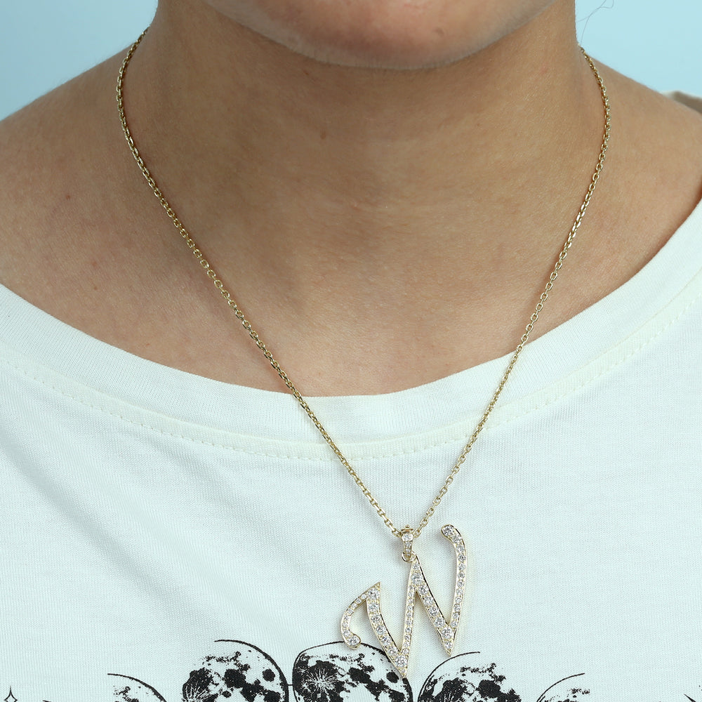 14K Yellow Gold Micro Pave Diamond "W" Initial Alphabet Pendant