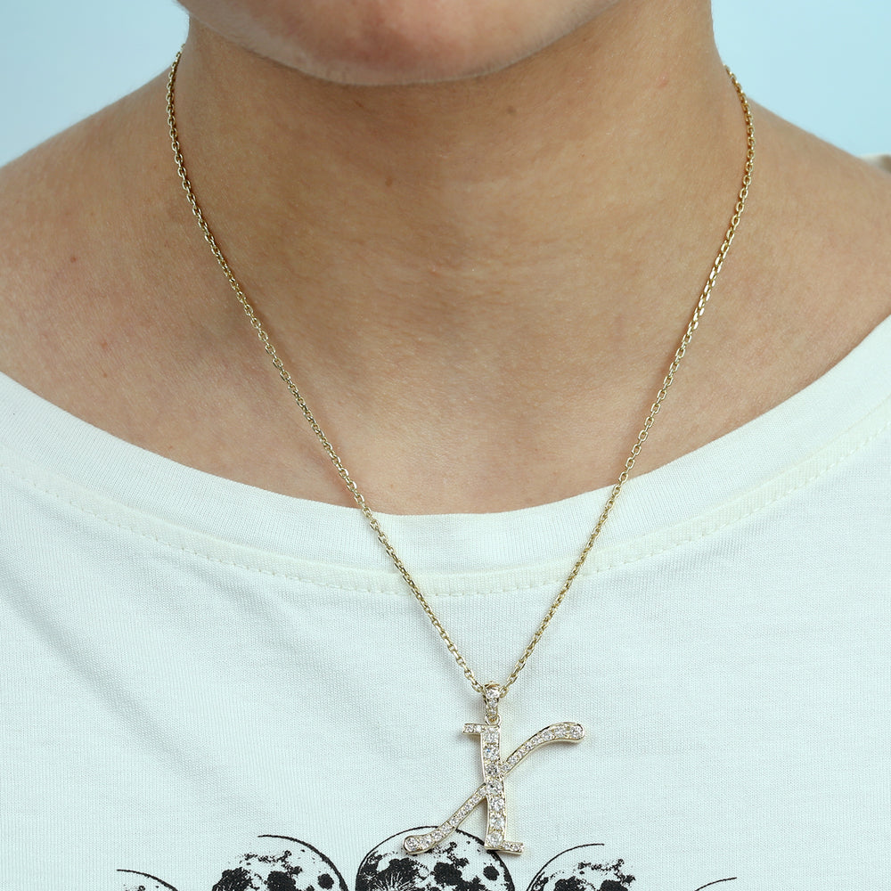 14K Yellow Gold Micro Pave Diamond "X" Initial Alphabet Pendant