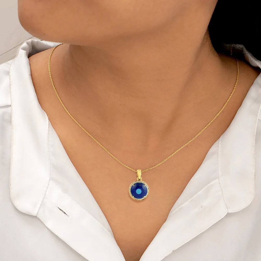 Lapis Lazuli & Turquoise Evil Eye Pendant with Diamond Halo in 18K Yellow Gold
