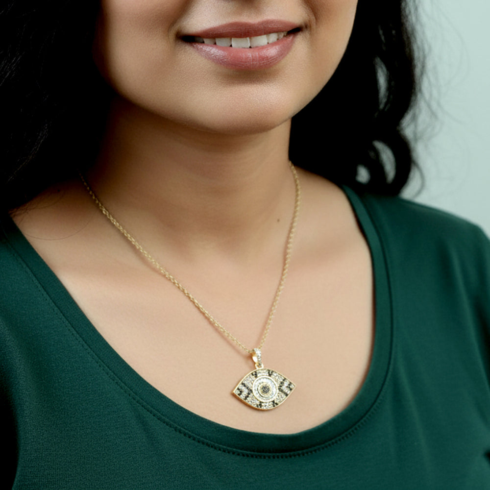 Baguette Cut White & Black Diamond Evil Eye Pendant in 14K Yellow Gold