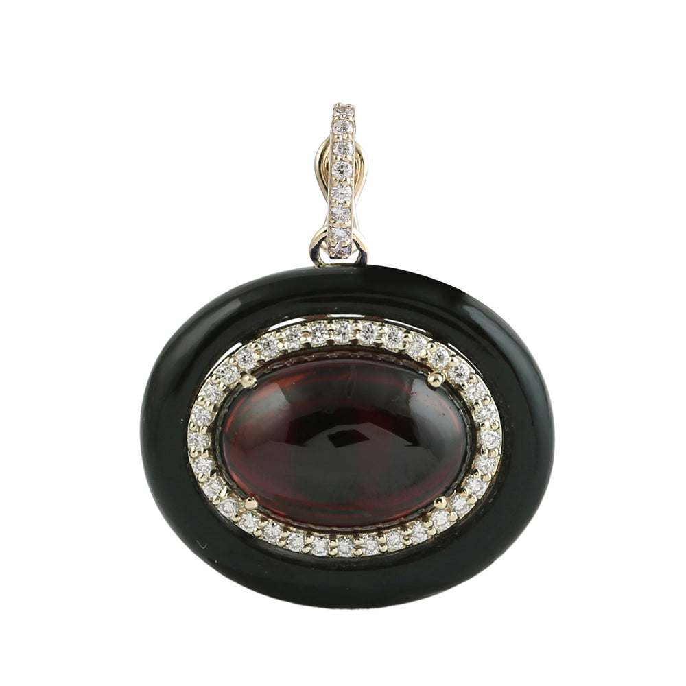 Garnet & Black Onyx Pave Diamond Halo Pendant in 14K Yellow Gold