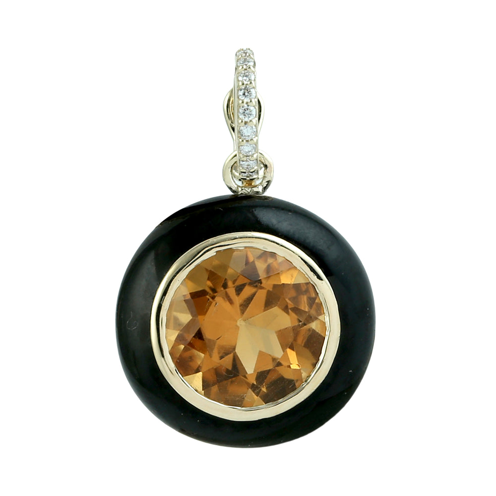 Citrine & Black Enamel Pave Diamond Halo Pendant in 14K Yellow Gold