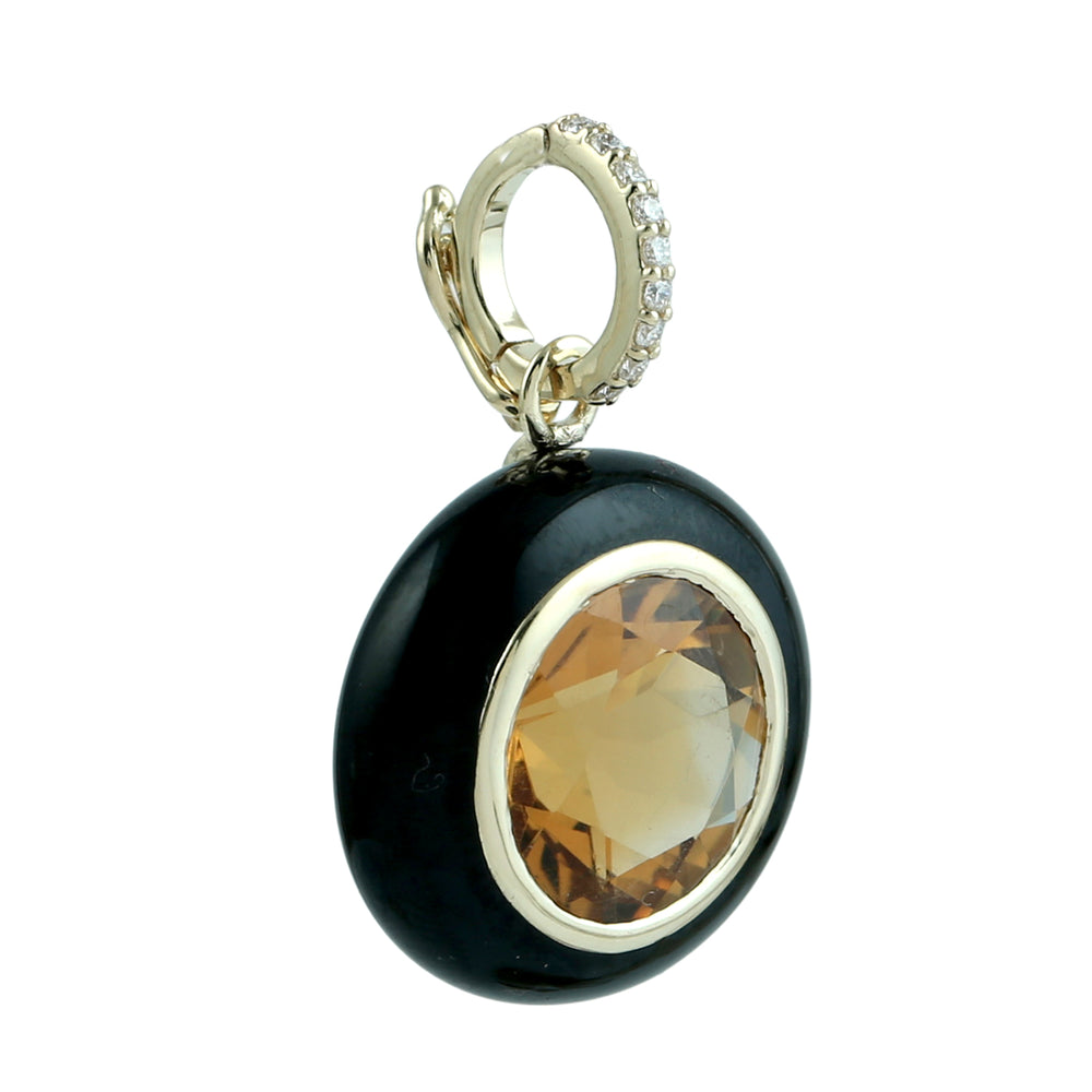 Citrine & Black Enamel Pave Diamond Halo Pendant in 14K Yellow Gold