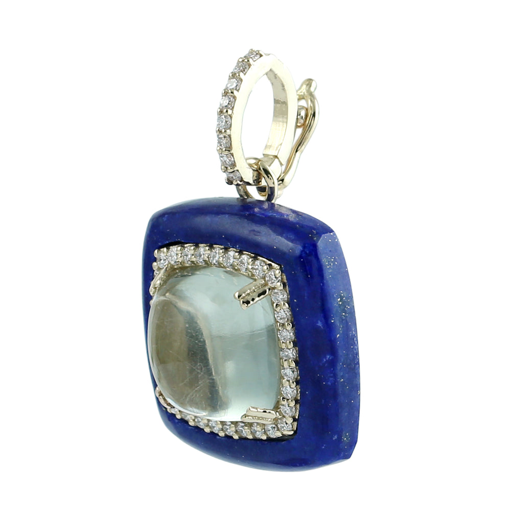 Amethyst & Lapis Lazuli Pave Diamond Halo Pendant in 14K Yellow Gold