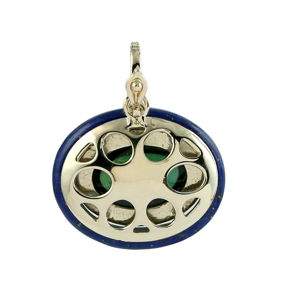 Green Tourmaline & Lapis Lazuli Pave Diamond Halo Pendant in 14K Yellow Gold
