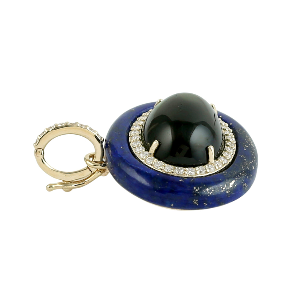 Green Tourmaline & Lapis Lazuli Pave Diamond Halo Pendant in 14K Yellow Gold