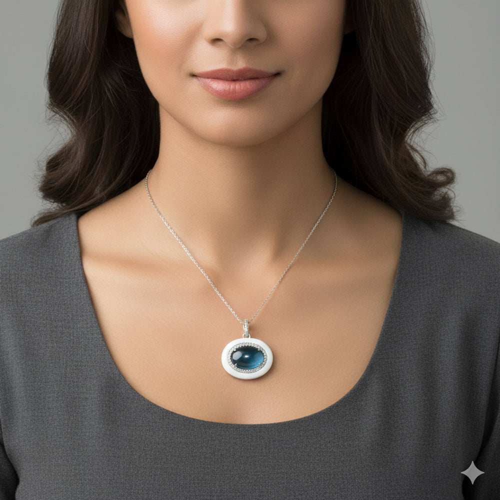 London Blue Topaz & Onyx Pave Diamond Designer Pendant in 14K White Gold