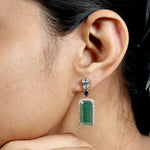 Natural Emerald Blue Sapphire Emerald Cut Diamond In 18k White Gold Designer Dangler For Her