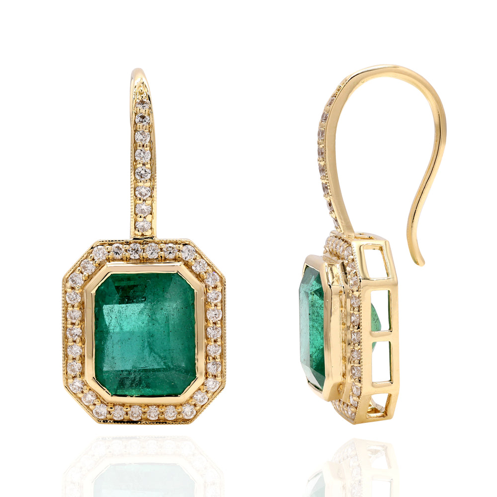 18K Yellow Gold Natural Emerald Pave Diamond Designer Dangler Ear Hook Jewelry For Birthday Gifts