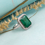 18K White Gold Solitaire Ring Emerald Cut Emerald May Birthstone Pave Diamond Jewelry