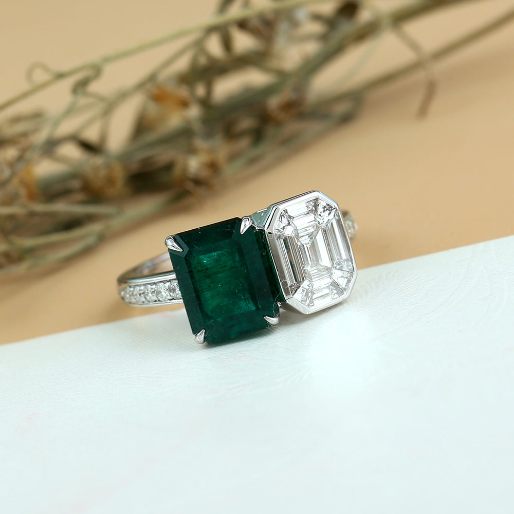 Emerald Cut Emerald Natural Diamond Solitaire Ring 18K White Gold Jewelry For Female