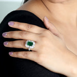 18K White Gold Baguette Diamond Emerald Cut Emerald Engagement Ring For Her