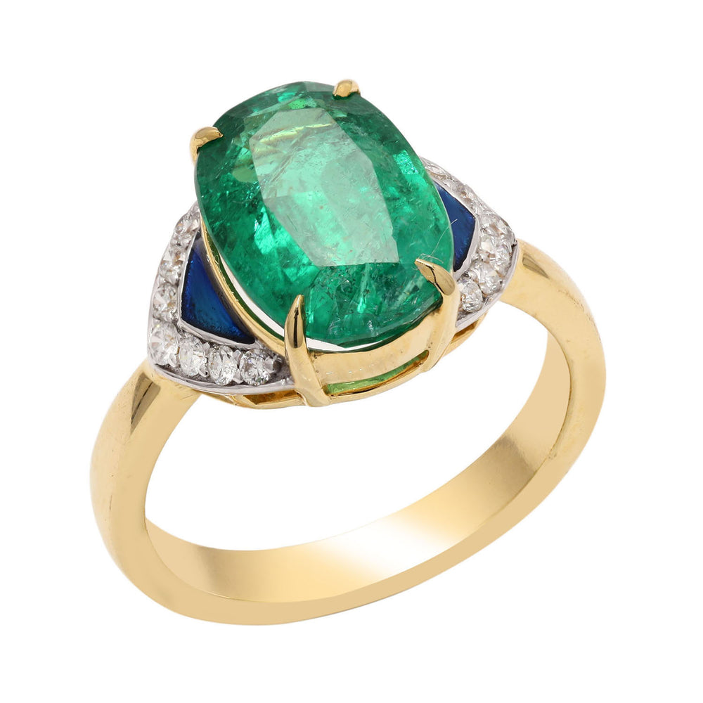 Oval Emerald Triangle Blue Sapphire Pave Dimond Cocktail ring Made In 18k Gold Jewelry