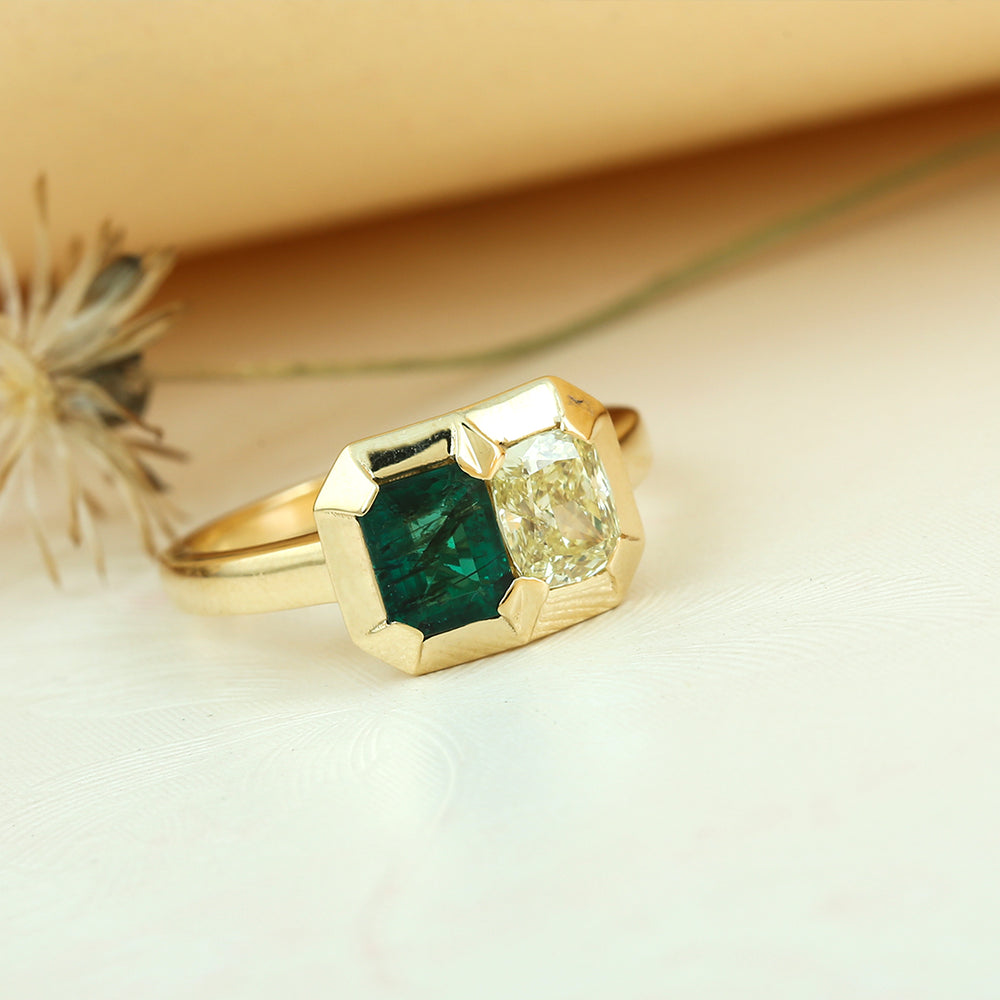 Bezel Set Emerald Channel Set Rose Cut Diamond Cocktail Ring In 18K Yellow Gold