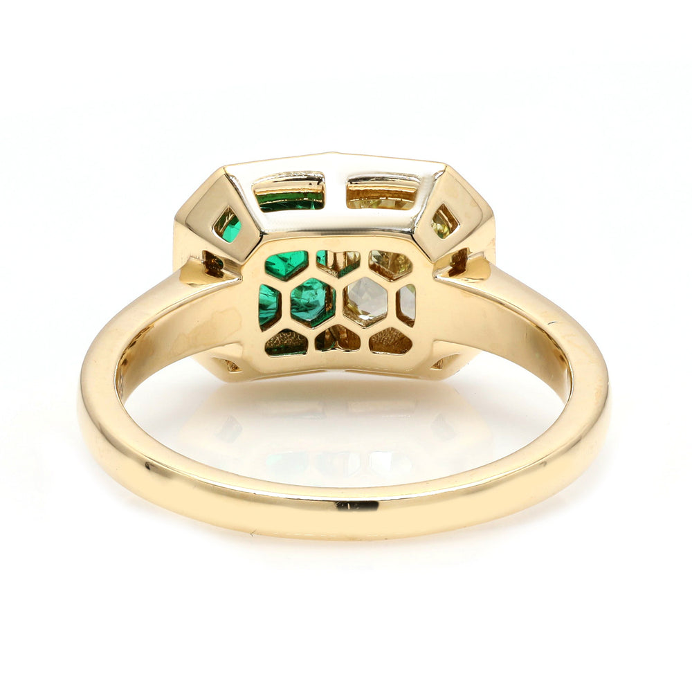 Bezel Set Emerald Channel Set Rose Cut Diamond Cocktail Ring In 18K Yellow Gold