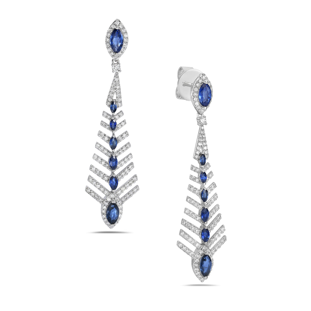 Pave Diamond Marquise Blue Sapphire Leaf Drop Danglers In 18k White Gold