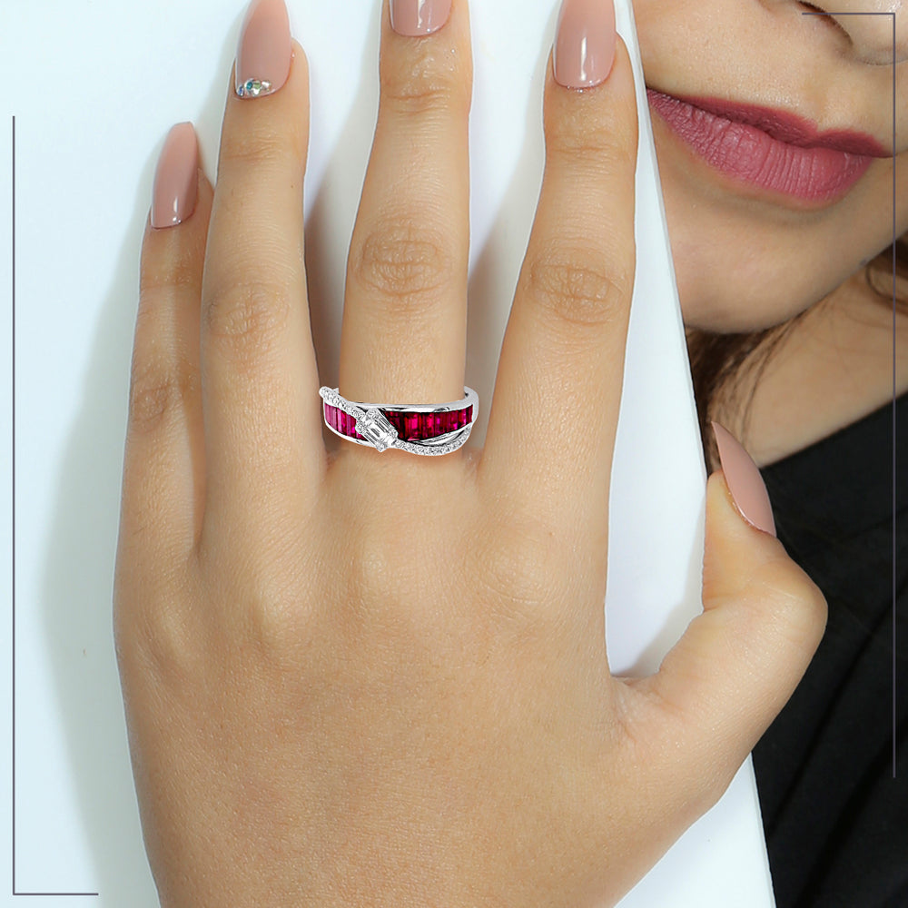 Channel Set Baguette Cut Ruby Pave Diamond Band Ring In 18k White Gold