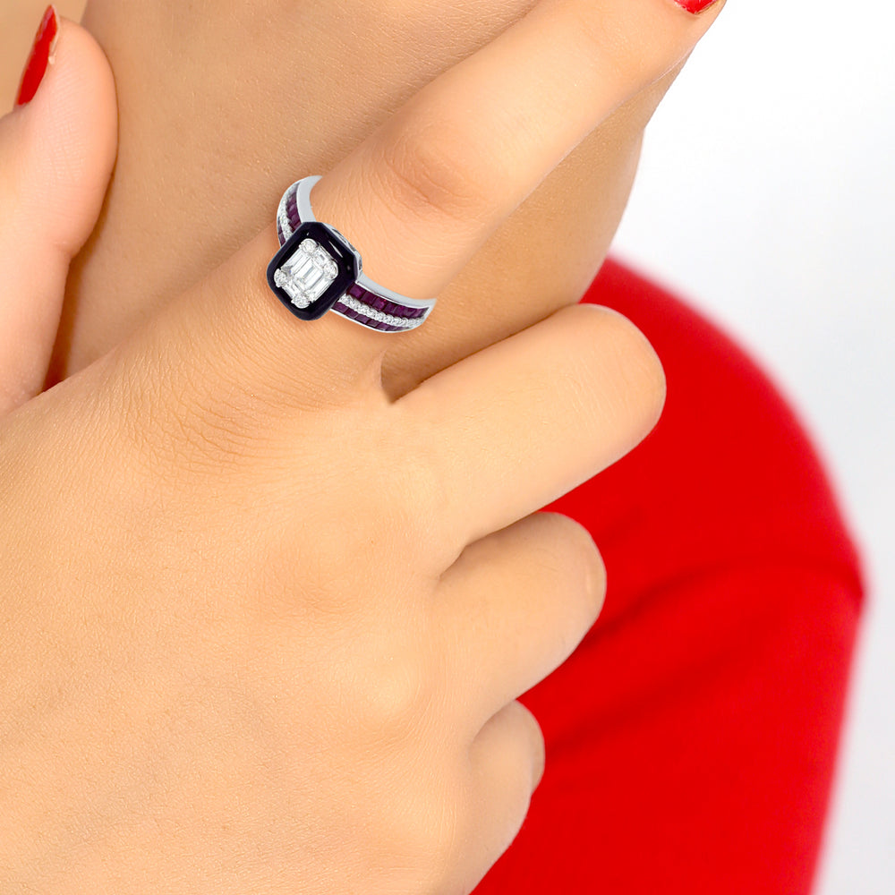 Square Cut Ruby Baguette Cut Diamond Onyx Designer Ring In White Gold