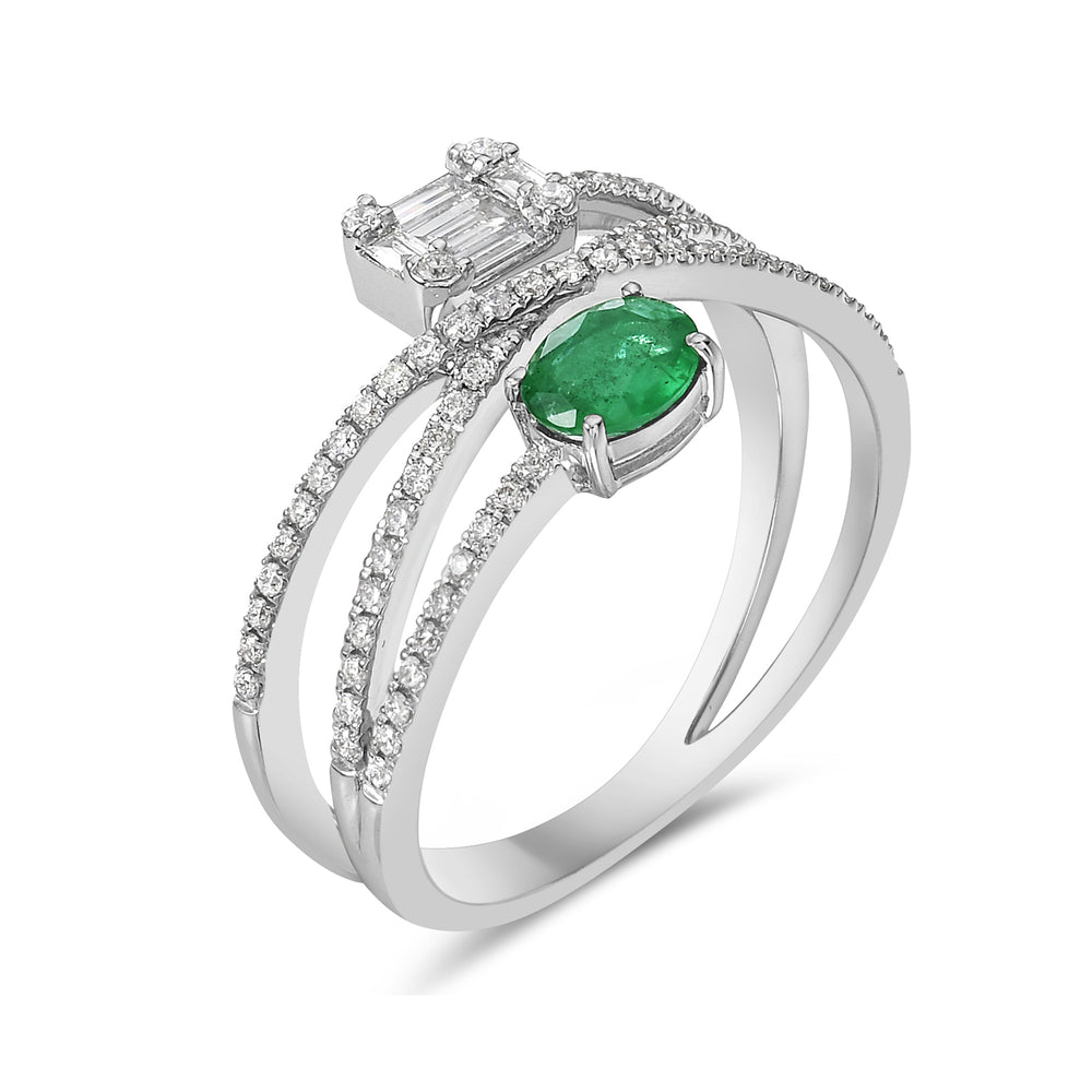 Oval Cut Emerald Pave Diamond Spiral Ring In 18k White Gold For Her