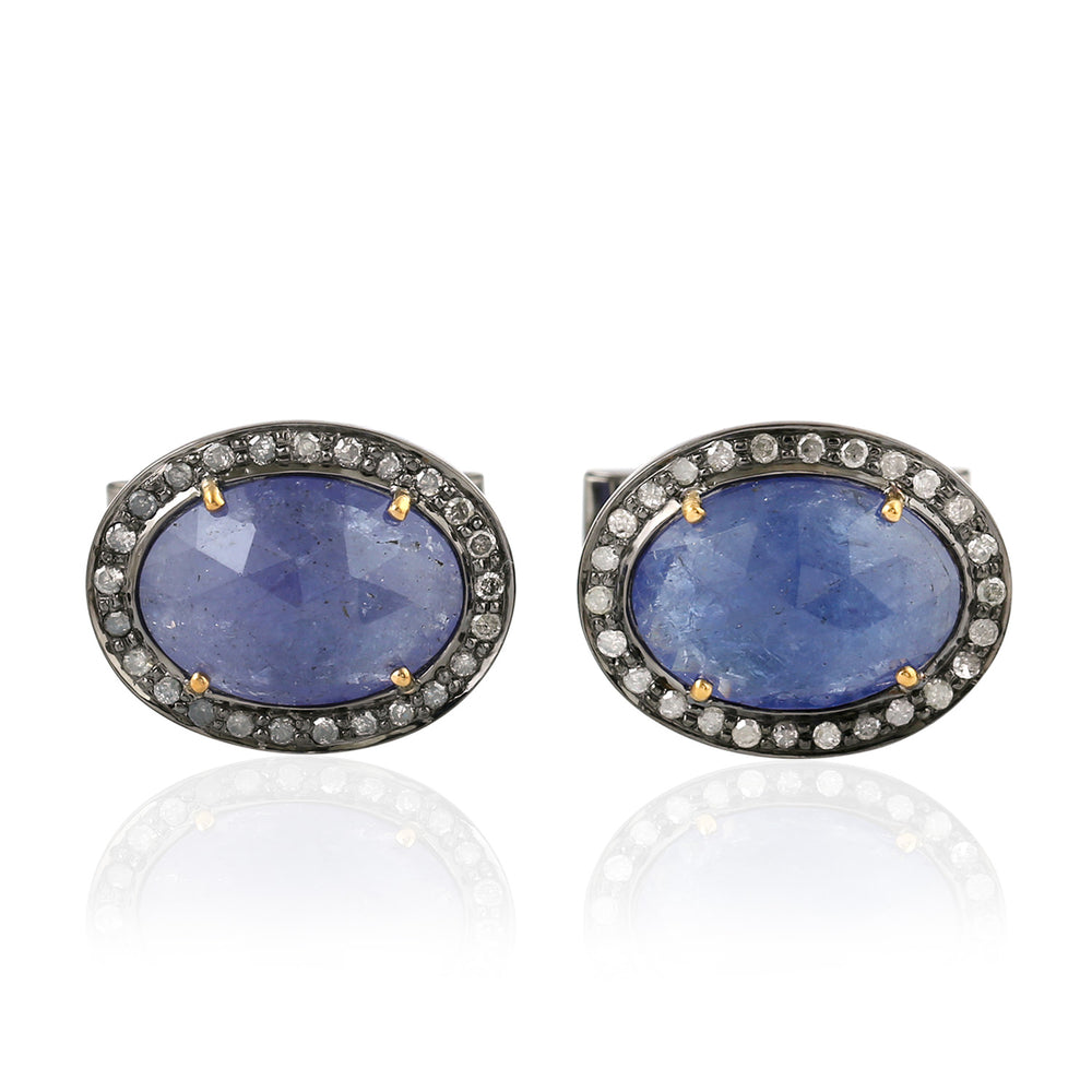 18K Yellow Gold Silver Pave Diamond Oval Tanzanite Cufflinks For Men's