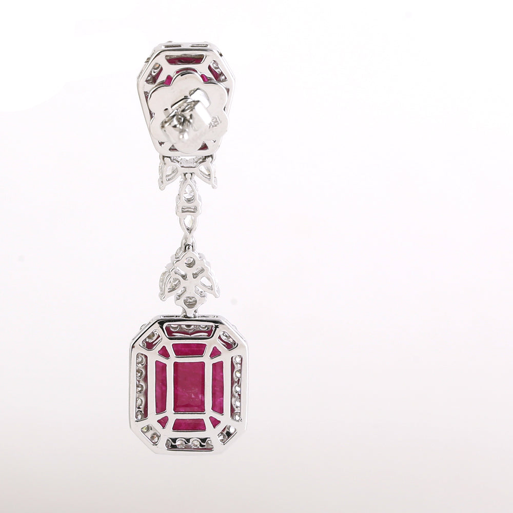 Octagon Cut Ruby Prong Rose Cut Diamond Designer Dangler In Solid White Gold