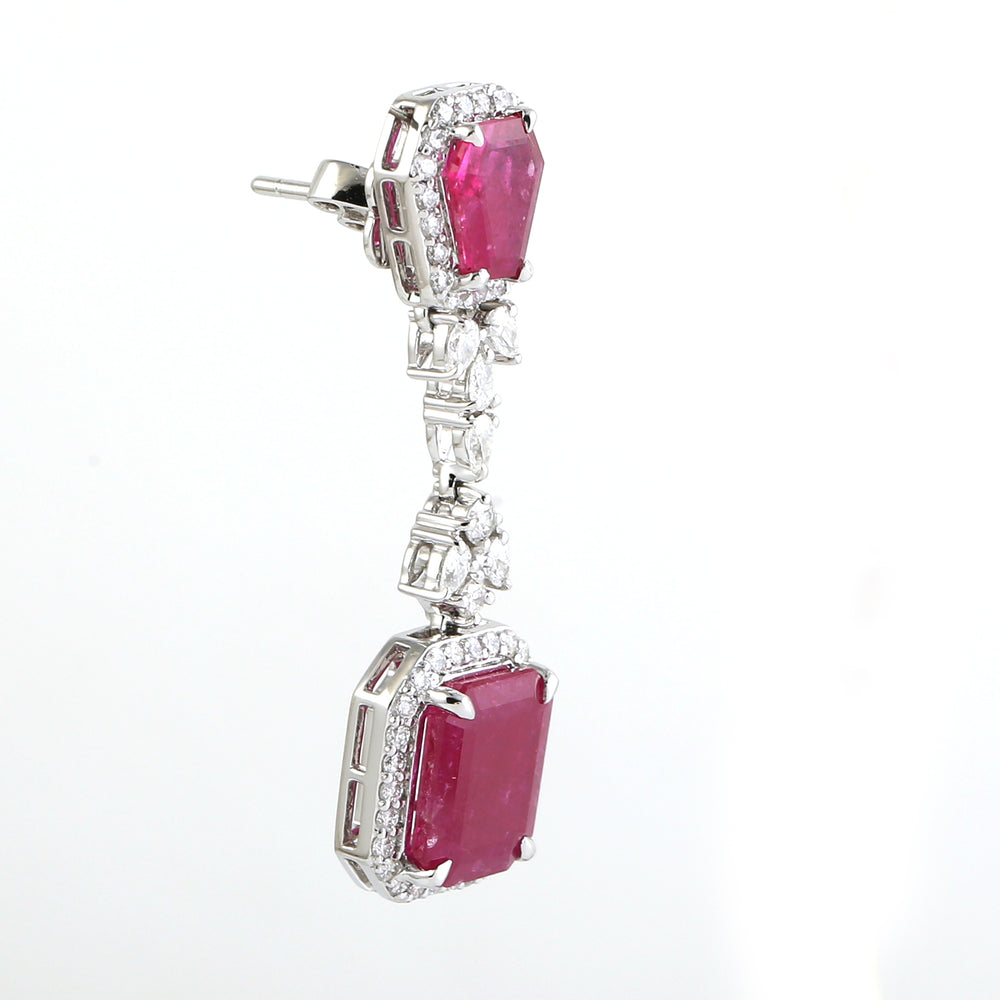 Octagon Cut Ruby Prong Rose Cut Diamond Designer Dangler In Solid White Gold