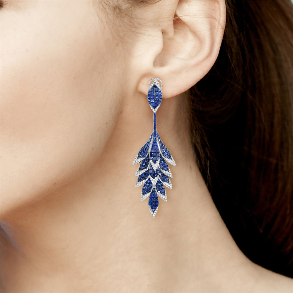 Blue Sapphire Channel Set Diamond Beautiful Leaf Design Danglers In White Gold