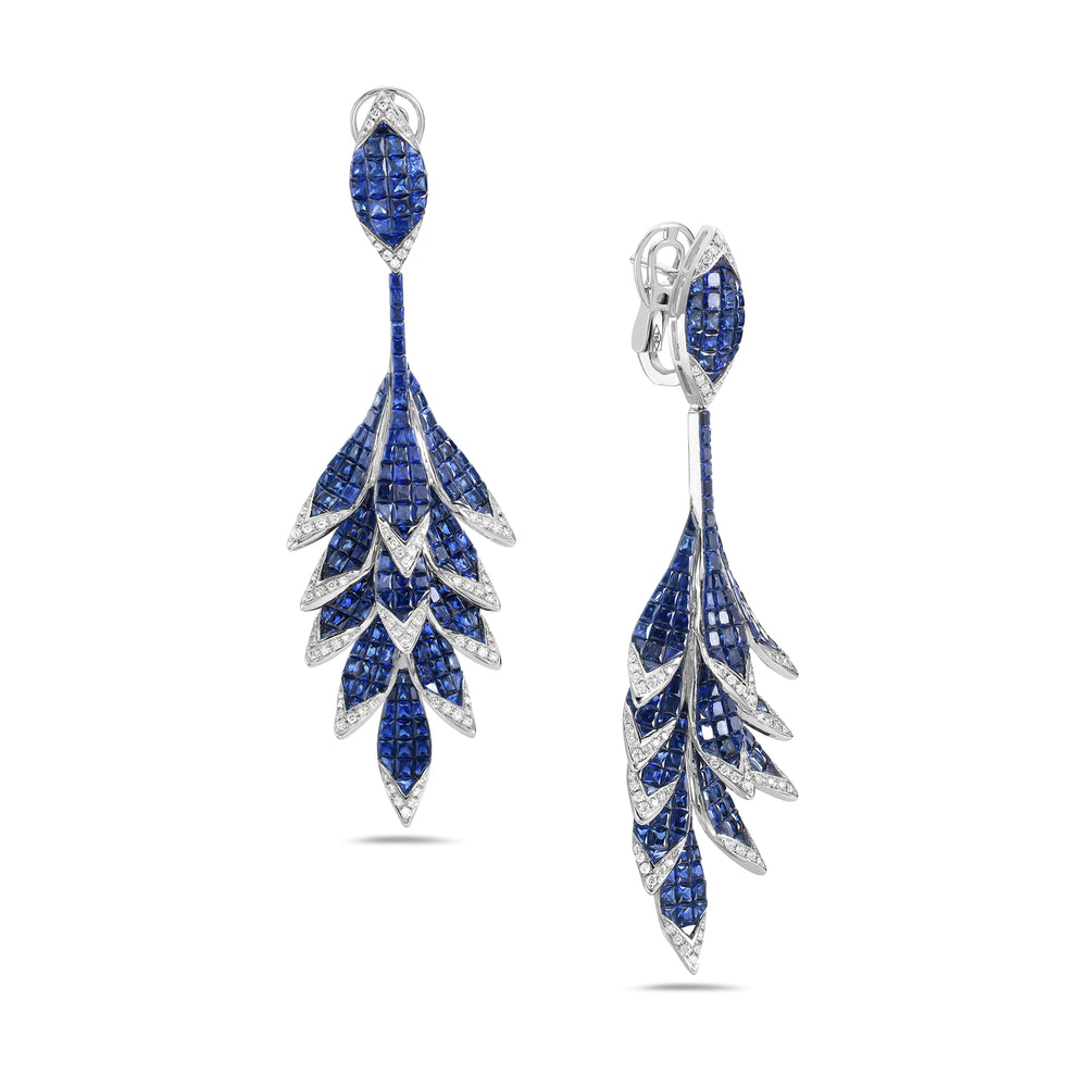 Blue Sapphire Channel Set Diamond Beautiful Leaf Design Danglers In White Gold