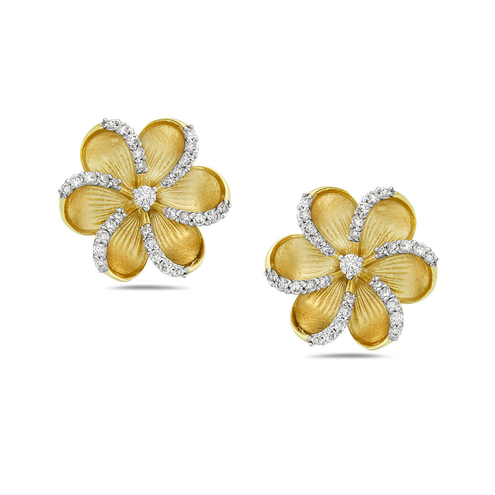 14K Yellow Gold Carved Flower Stud Earrings Natural Diamond For Women