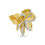 14K Yellow Gold Carved Flower Stud Earrings Natural Diamond For Women