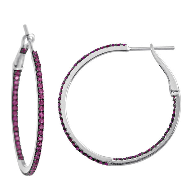 18K White Gold Pave Ruby Gemstone Long Hoop Earrings For Her