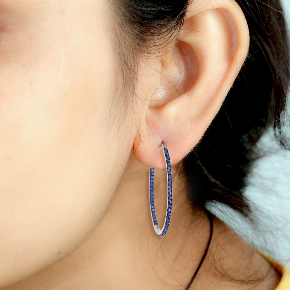 18K White Gold Pave Blue Sapphire Gemstone Long Hoop Earrings For Her