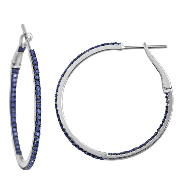 18K White Gold Pave Blue Sapphire Gemstone Long Hoop Earrings For Her