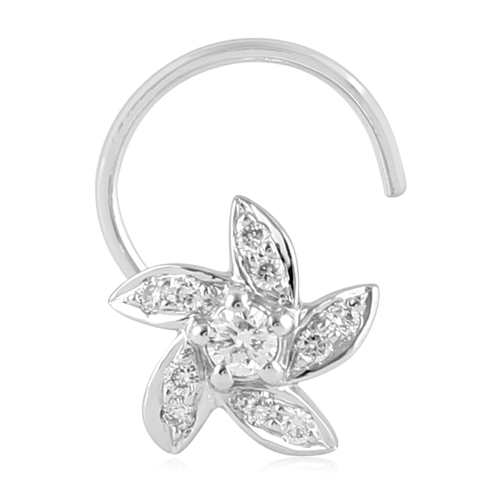 Diamond Floral Nose Ring in 18K White Gold – Five-Petal Sparkle Design