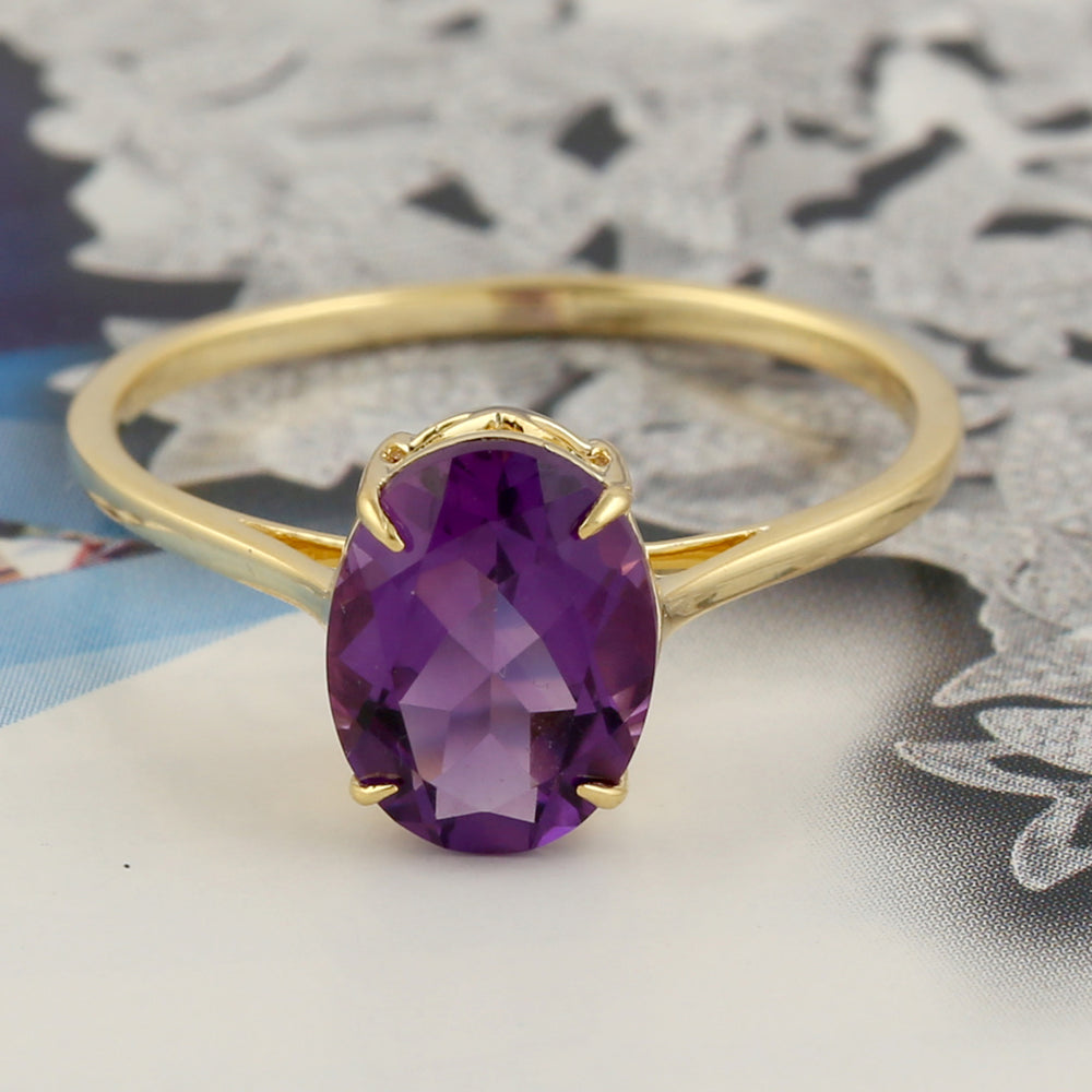 10k Yellow Gold Prong Oval Cut Amethyst Gemstone Ring Handmade Jewelry
