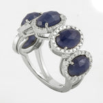 18k White Gold Pave Diamond Blue Sapphire Band Ring Handmade Jewelry