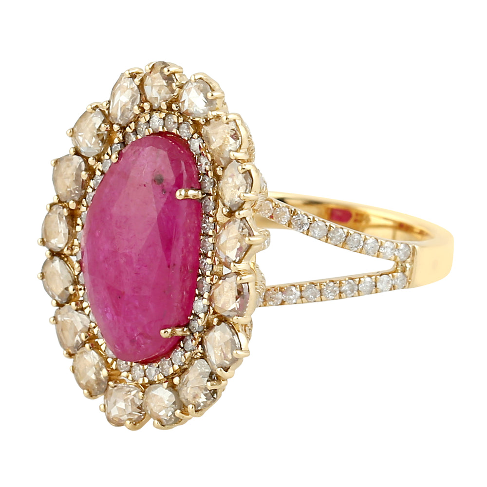 Oval Cut Ruby Prong Ice Diamond Cocktail Ring In Yellow Gold Gift For Her