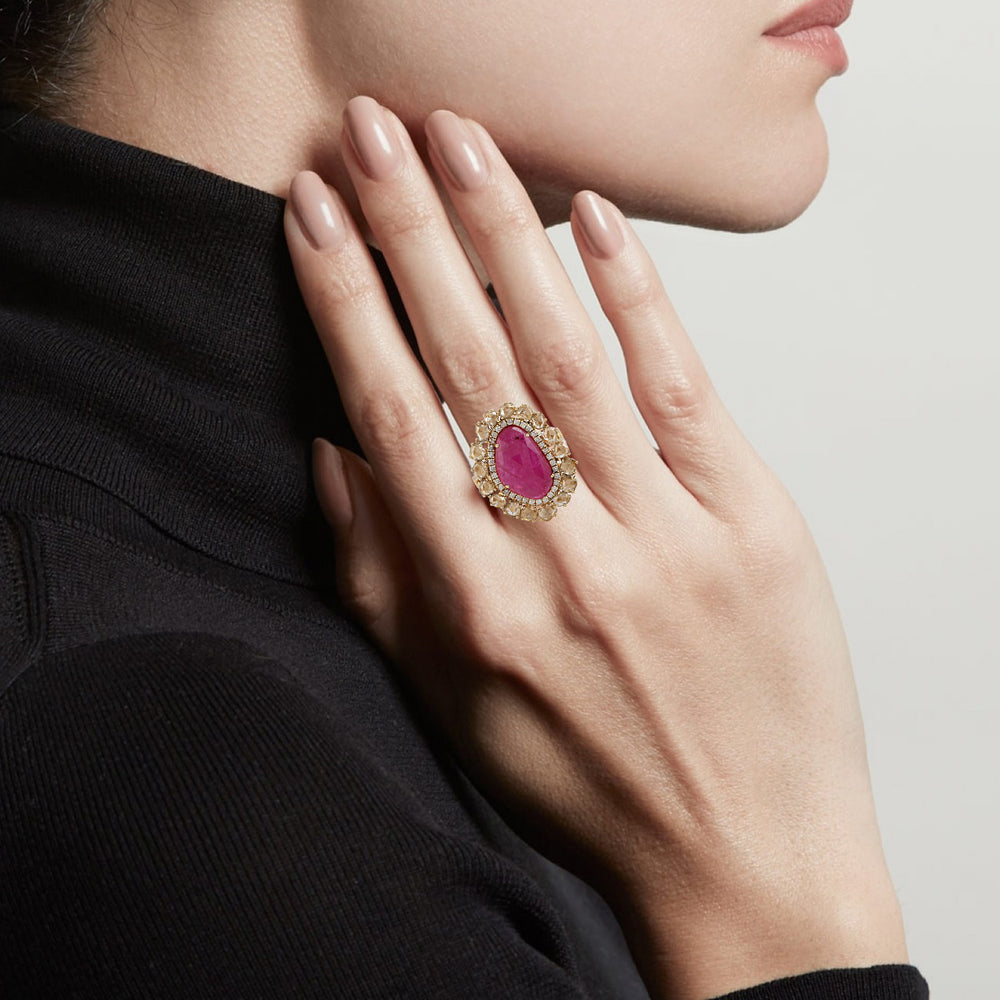 Oval Cut Ruby Prong Ice Diamond Cocktail Ring In Yellow Gold Gift For Her