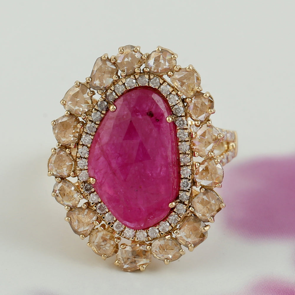 Oval Cut Ruby Prong Ice Diamond Cocktail Ring In Yellow Gold Gift For Her