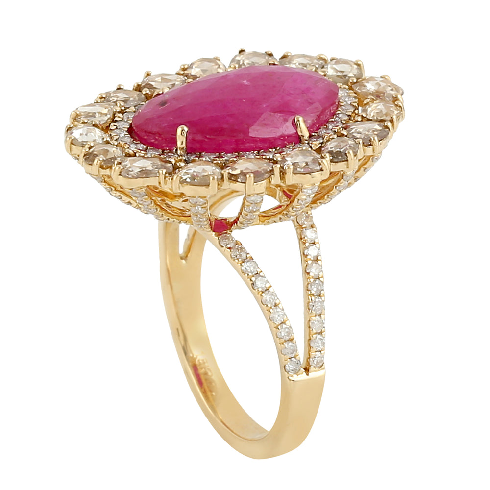 Oval Cut Ruby Prong Ice Diamond Cocktail Ring In Yellow Gold Gift For Her