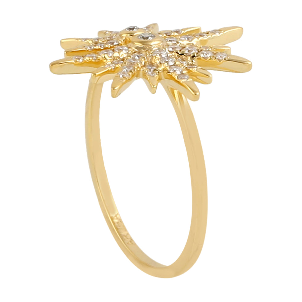 18k Yellow Gold Pave Diamond Starburst Design Ring Handmade Jewelry