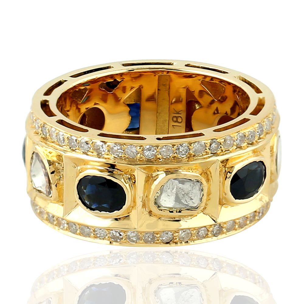 Natural Uncut Diamond Oval Blue Sapphire Bezel Set Band Ring 18K Yellow Gold Jewelry For Gift