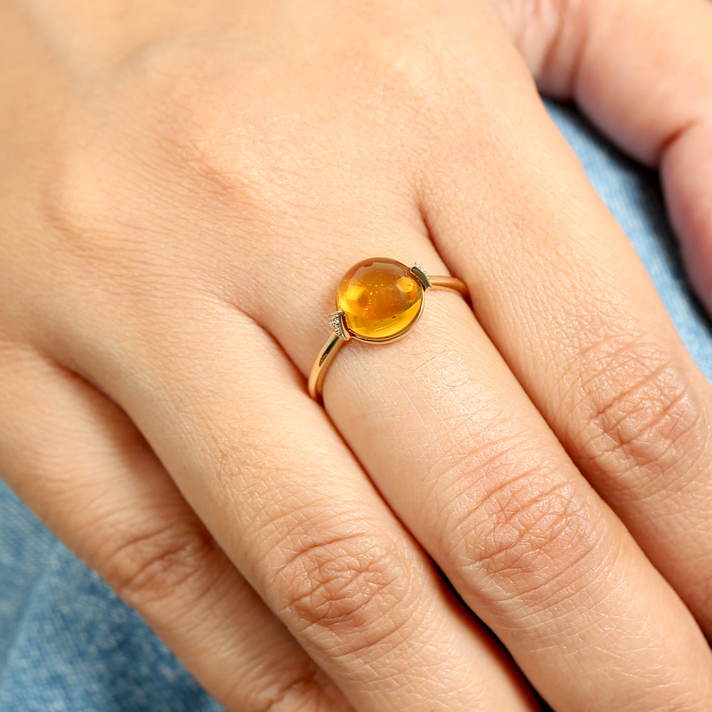 Round Cut Citrine November Birthstone Pave Diamond Ring In 18K Yellow Gold