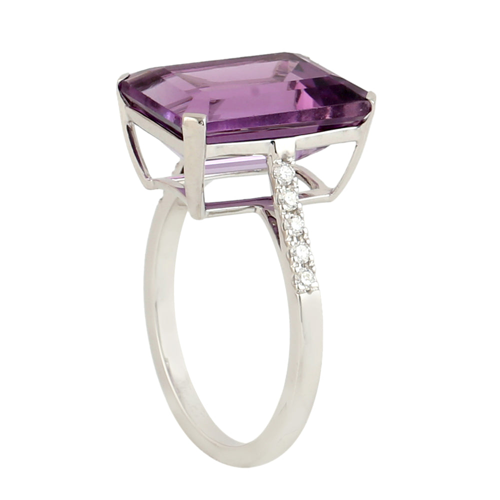 18k White Gold Baguette Cut Amethyst Pave Diamond Handmade Solitaire Ring