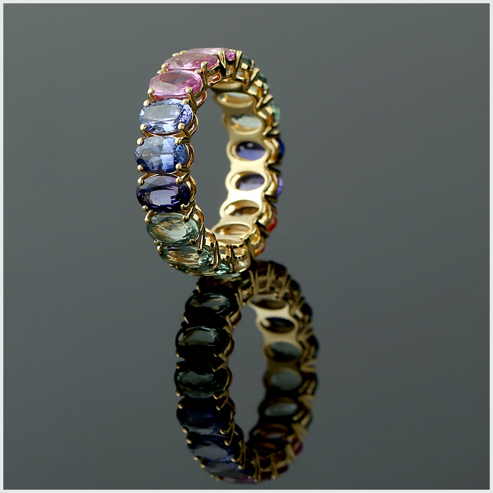 Oval Cut Multicolor Sapphire Band Ring 18k Yellow Gold Handmade Jewelry